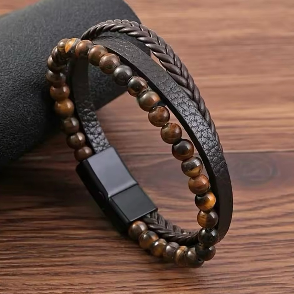 Tiger Eye Stone Leather Three -Layer Men's Bracelet